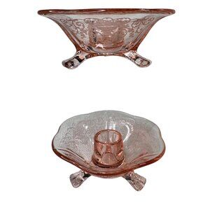 Fostoria Versailles Glass Pink 3 Legged Candlestick Holder 1930s Vintage Elegant